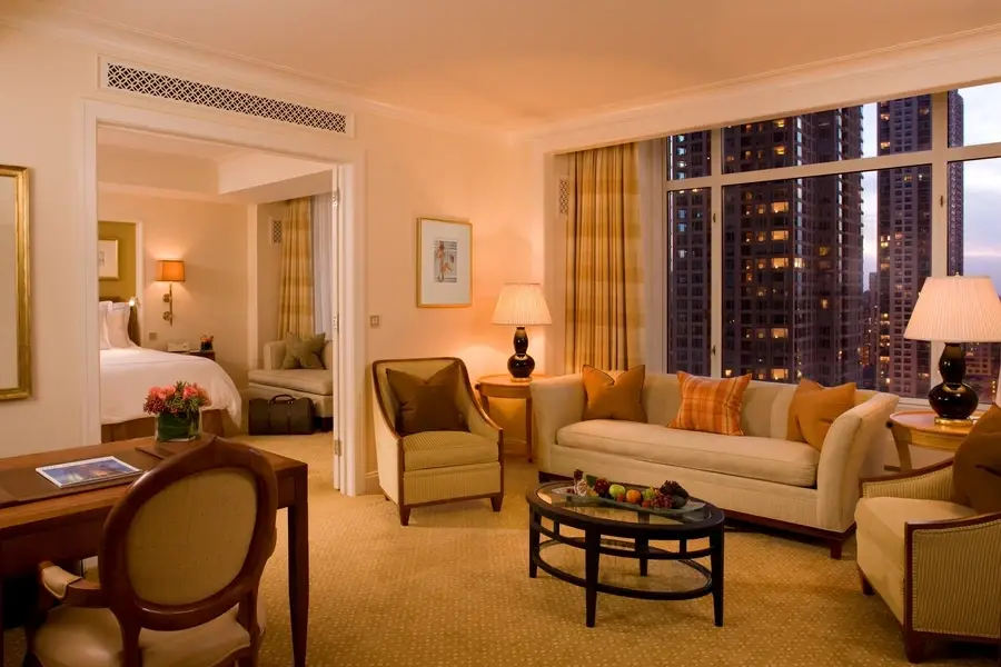 Suite at a hotel in Chicago. Custom drapery provided by BTX.