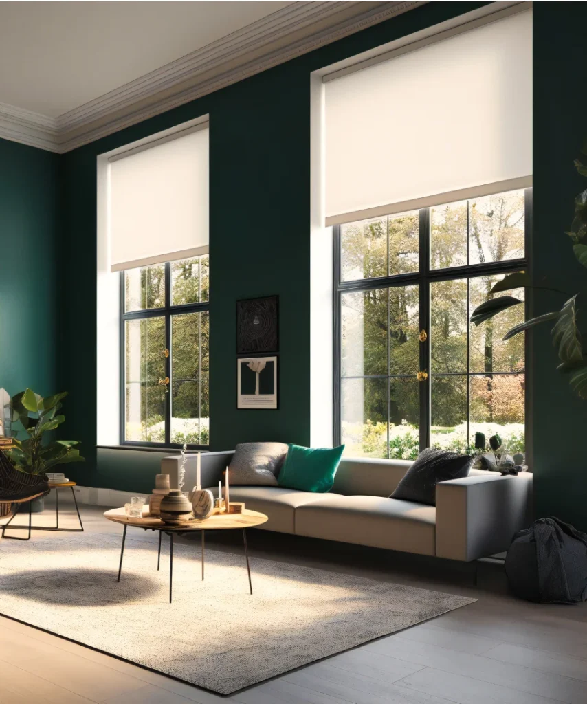 Living room with forest green walls and two shading systems installed on the windows.