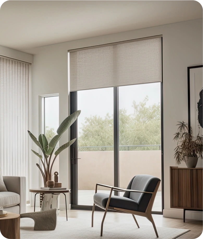 Modern, minimalist living room with a custom roller shade solution.