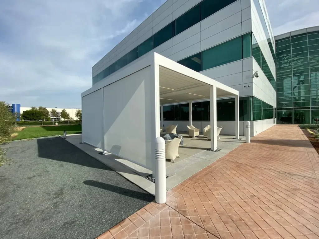 Custom roller shades from BTX in an outdoor setting on commercial property.
