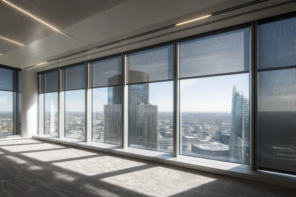 Top floor of empty office building with custom smart roller shades
