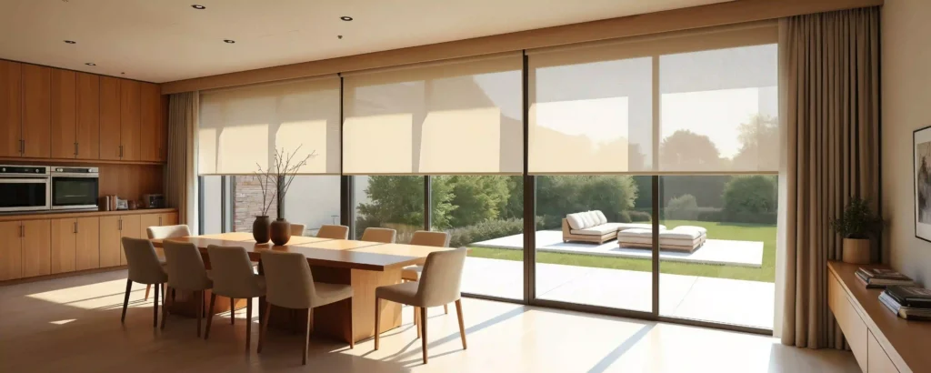 Modern dining room with automated shades lowering as the sun shines in.