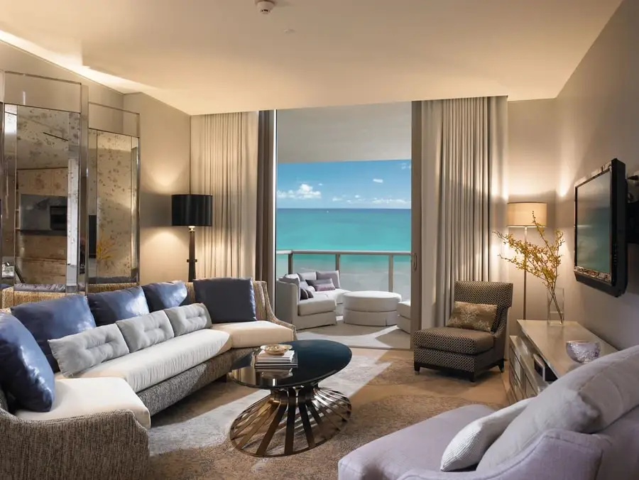 St. Regis hotel suite's living room with custom drapery by BTX.