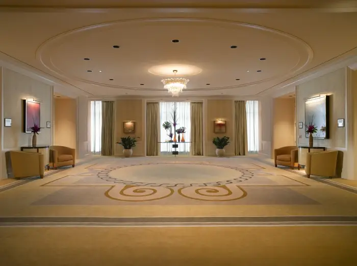 Expansive lobby of a hotel in Chicago. Custom drapery work by BTX.
