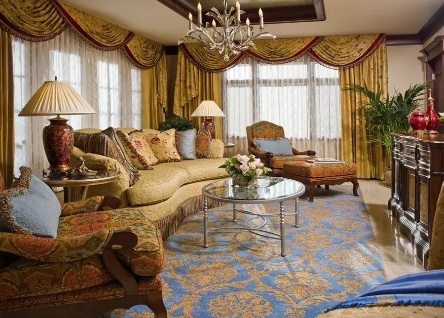 Custom drapery in a luxury suite of a historic hotel.