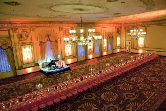 Aerial view of a large, luxurious ballroom of the Fairmont Hotel.