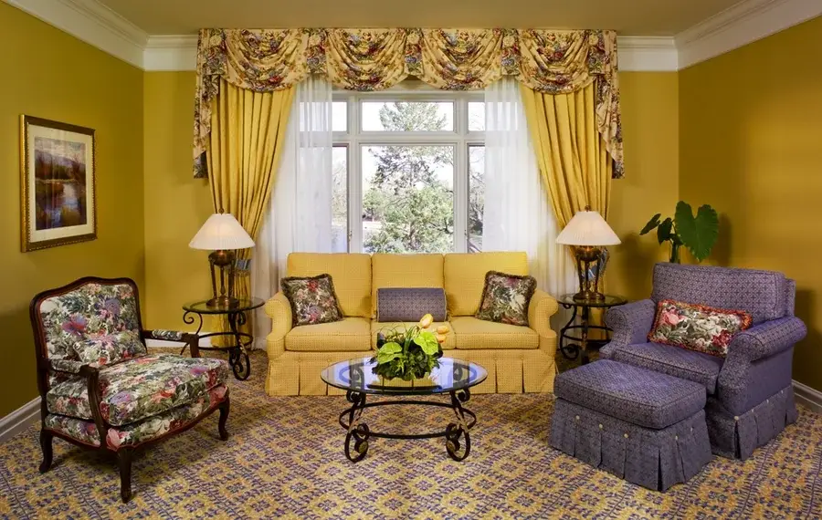 Purple and yellow suite at the Colorado Hotel and drapery by BTX.